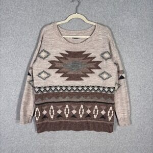 American Eagle Wool Aztec Sweater Large Cream Oatmeal Southwest Tribal Neutral‎
